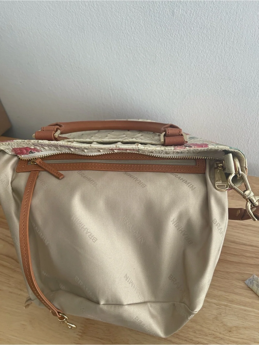 Brahmin Cream Floral Croc-Embossed Shoulder Bag with Tan Accents